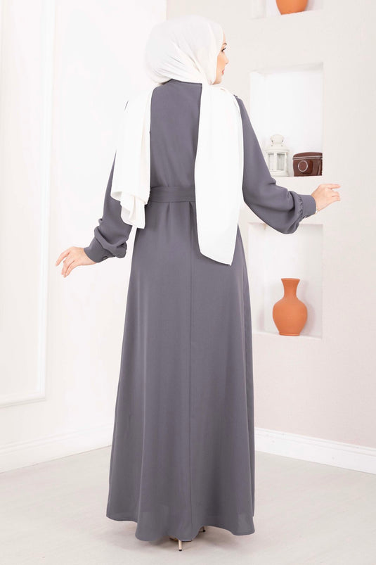 Fisto-Detail Gürteltes Modest Fashion Kleid Grau