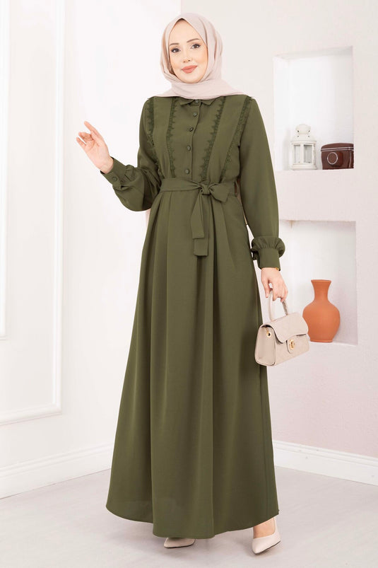 Robe Modeste à Ceinture avec Détail en Fils Kaki