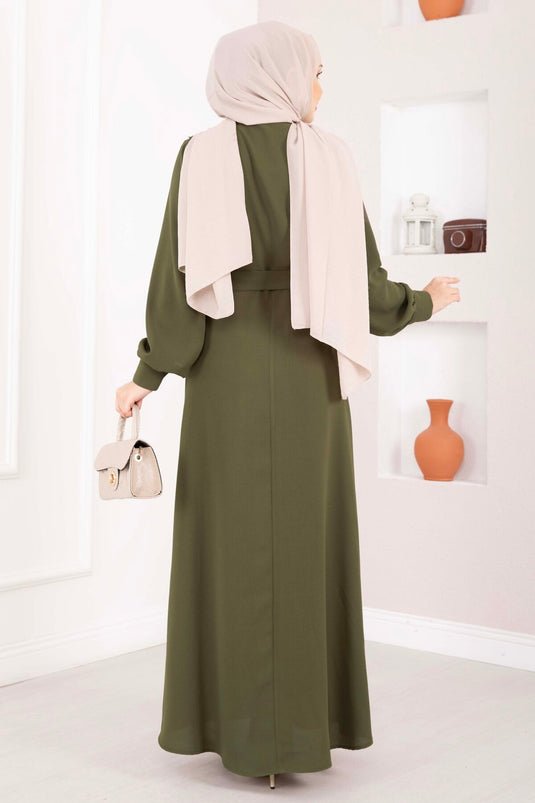 Robe Modeste à Ceinture avec Détail en Fils Kaki