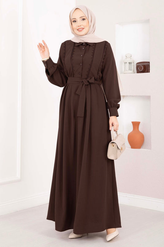 Fisto Detailed Belted Modest Dress Brown