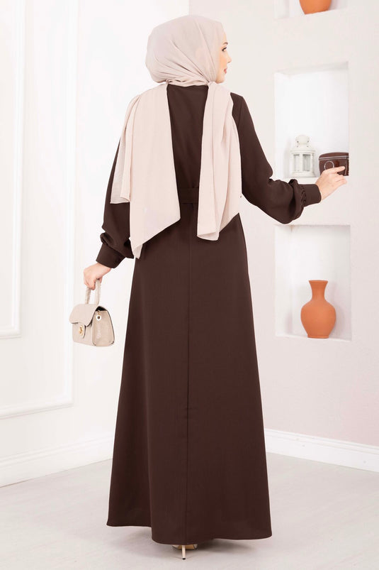 Robe Modeste à Ceinture avec Détail en Fils Marron