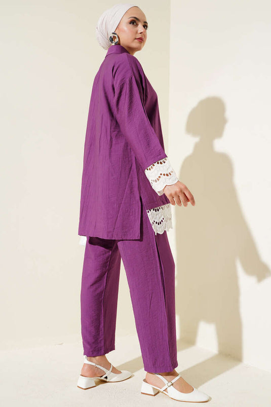 طقم تونيك مزين بتفاصيل صدفية من قطعتين - أرجواني