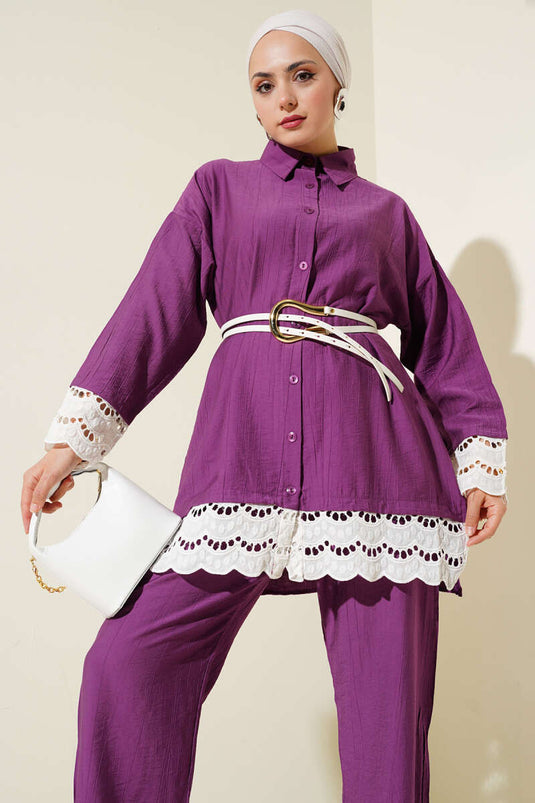 طقم تونيك مزين بتفاصيل صدفية من قطعتين - أرجواني