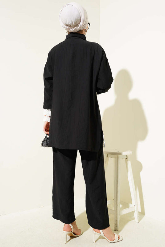 طقم تونيك مزين بتفاصيل صدفية من قطعتين باللون الأسود