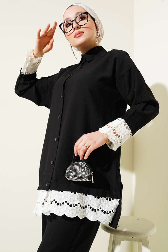 طقم تونيك مزين بتفاصيل صدفية من قطعتين باللون الأسود
