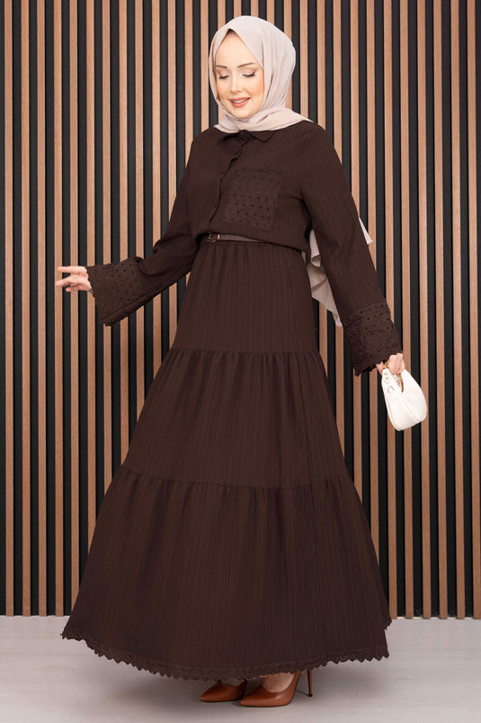Eyelet Shirt and Skirt Two-Piece Set Dark Brown