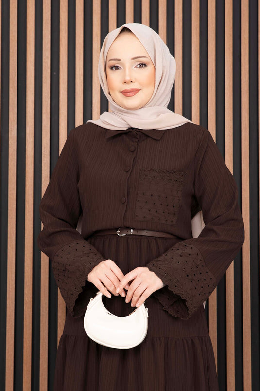 Eyelet Shirt and Skirt Two-Piece Set Dark Brown