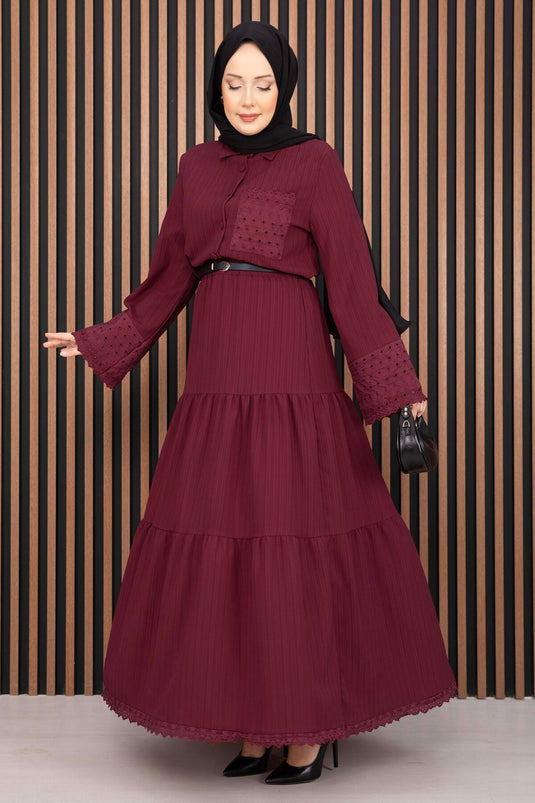 Ensemble deux pièces chemise à manches fendues et jupe bordeaux