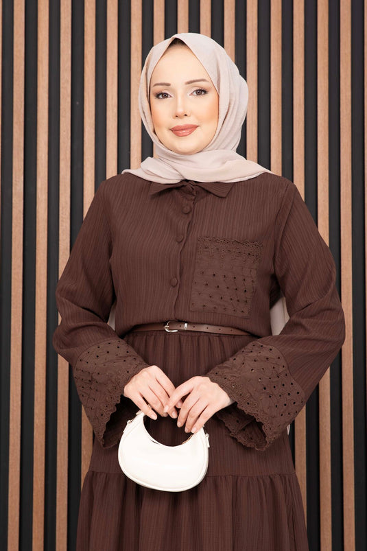 Eyelet Shirt and Skirt Two-Piece Set Brown