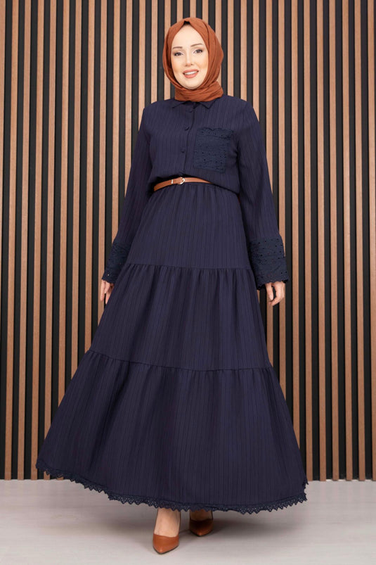 Navy Blue Shirt and Skirt Two-Piece Set with Eyelet Details