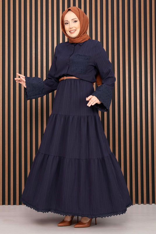 Navy Blue Shirt and Skirt Two-Piece Set with Eyelet Details
