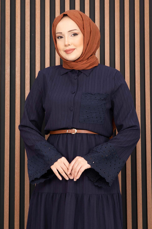 Navy Blue Shirt and Skirt Two-Piece Set with Eyelet Details