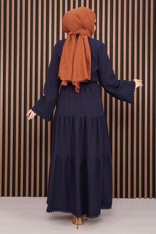 Navy Blue Shirt and Skirt Two-Piece Set with Eyelet Details