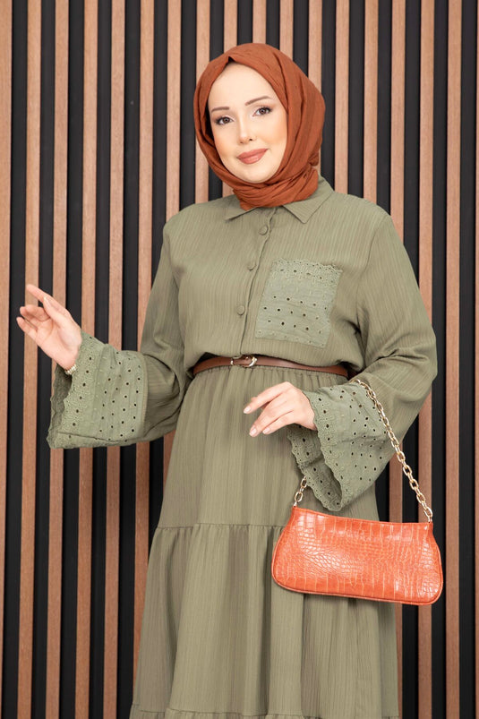 Eyelet Shirt and Skirt Two-Piece Set Olive Green