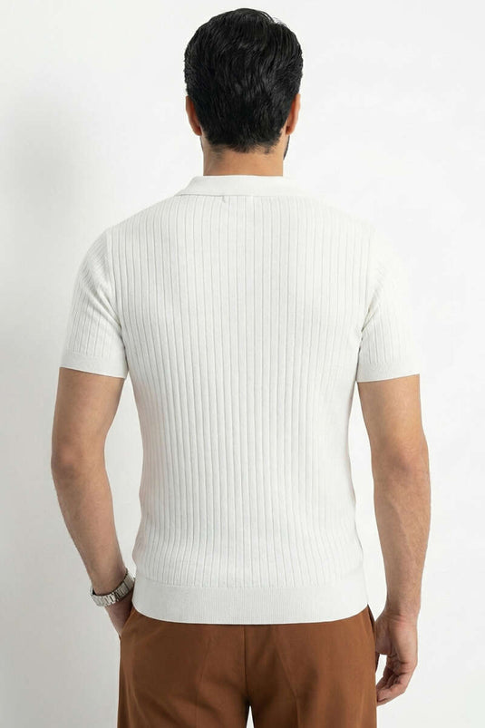 Geribd Open Polokraag Heren Trui T-shirt Wit