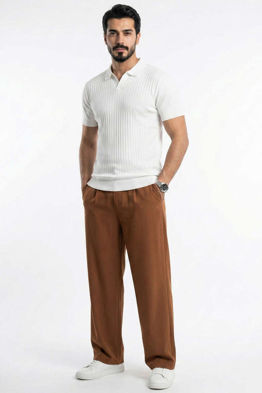 Geribd Open Polokraag Heren Trui T-shirt Wit