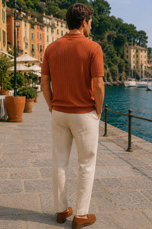 T-shirt en tricot pour homme à col polo ouvert côtelé couleur brique