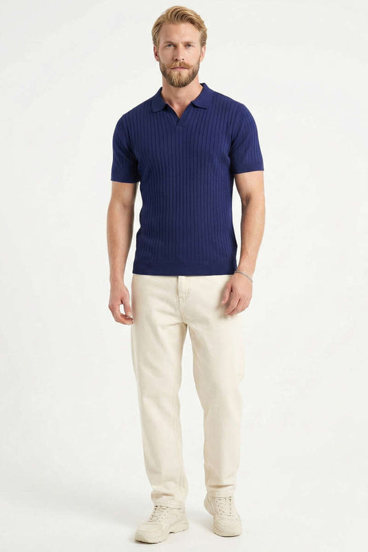 Geribd Open Polokraag Heren Trui T-shirt Donkerblauw