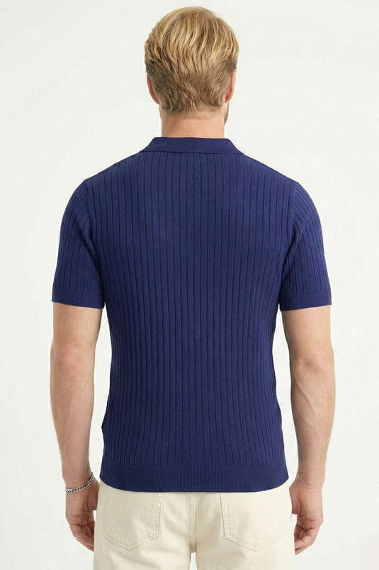 Geribd Open Polokraag Heren Trui T-shirt Donkerblauw