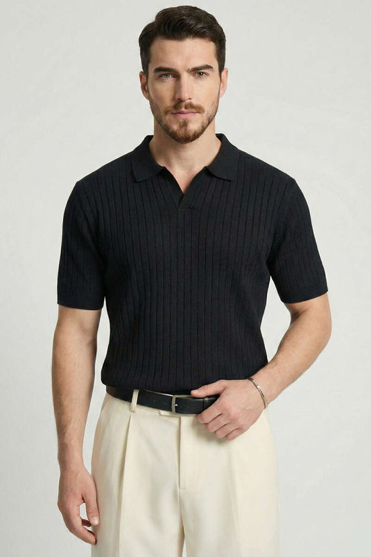 T-shirt en tricot pour homme à col polo ouvert avec bordure, noir