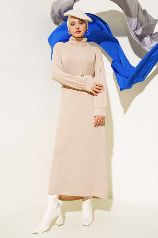 Ribbed Fisherman Neck Dress Latte