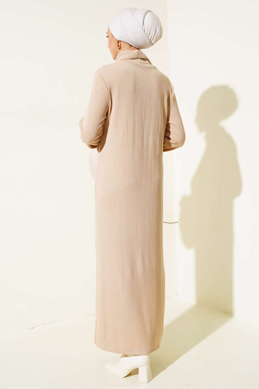 Ribbed Fisherman Neck Dress Latte