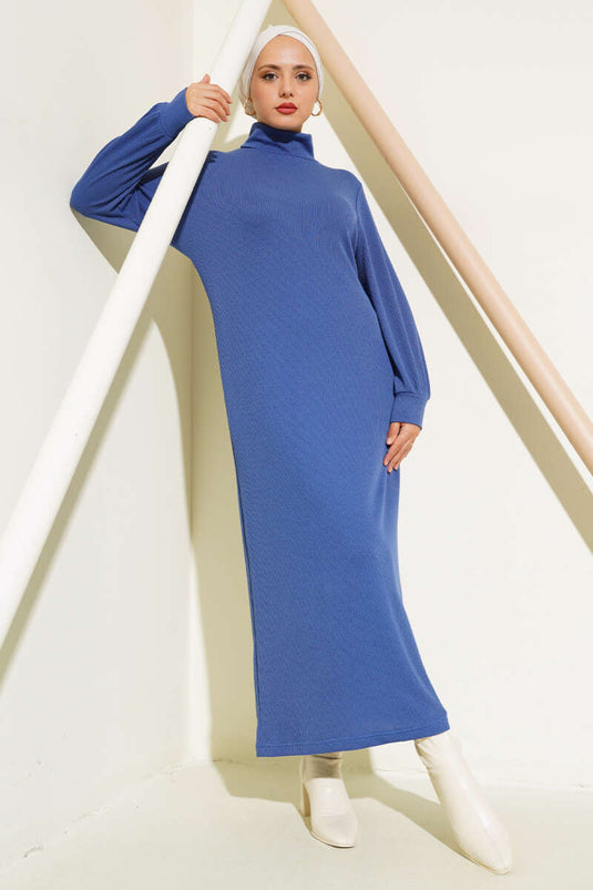 Ribbed Fisherman Collar Dress Blue