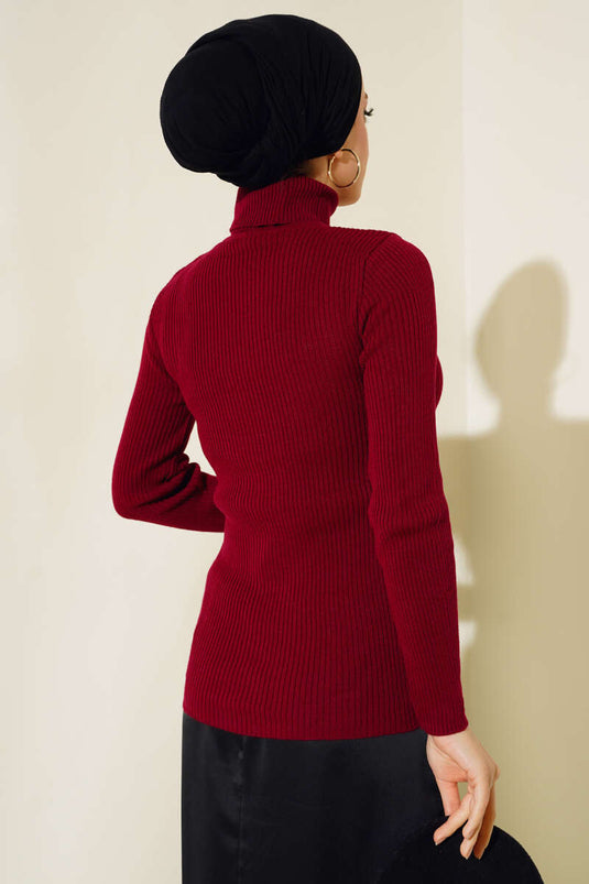 Ribbed Turtleneck Knit Sweater, Burgundy