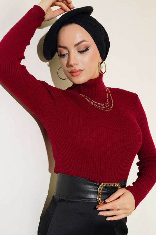 Ribbed Turtleneck Knit Sweater, Burgundy