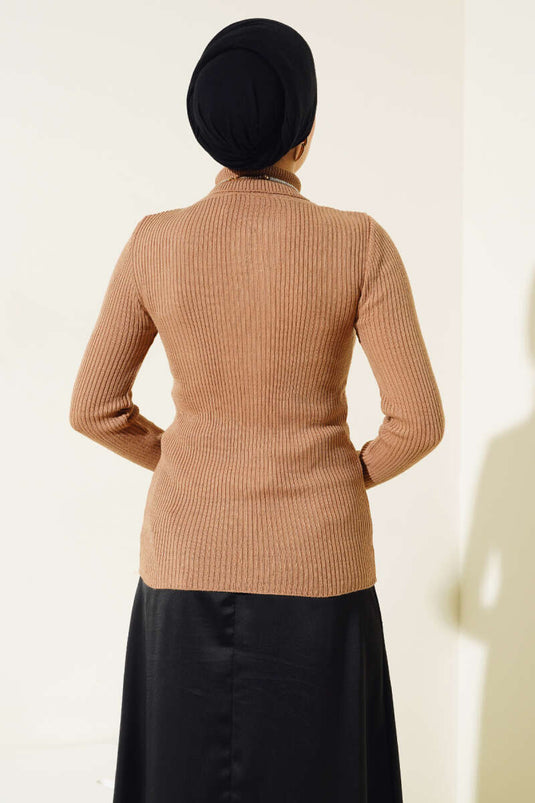 Fitilli Balıkçı Yaka Triko Kazak Büsküvi