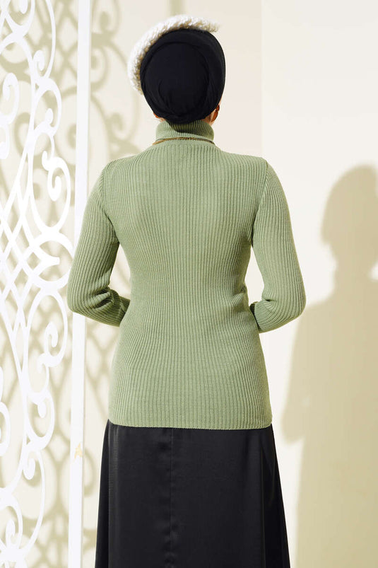 Ribbed Turtleneck Knit Sweater in Light Green