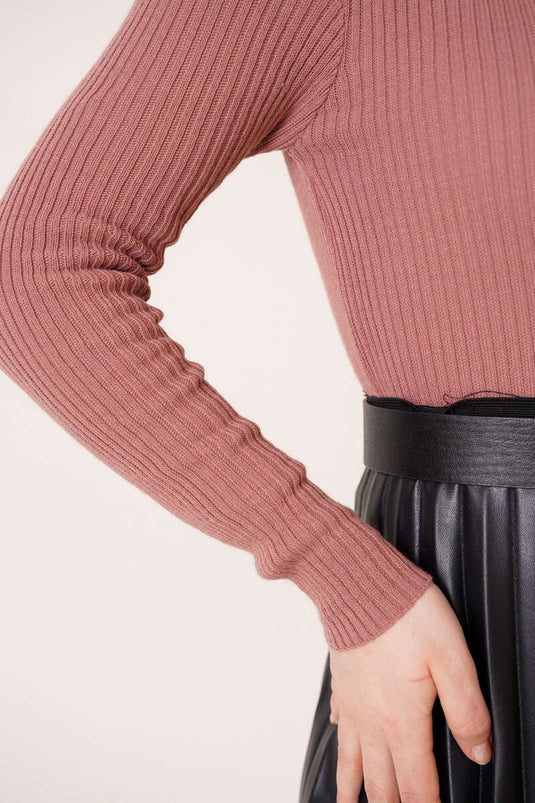 Gerippter Rollkragenpullover, Rosa