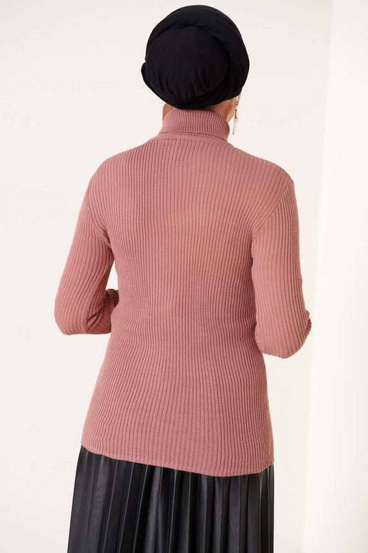 Ribbed Turtleneck Knit Sweater, Rose Pink