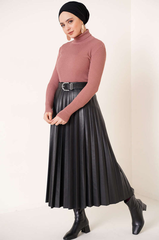 Ribbed Turtleneck Knit Sweater, Rose Pink