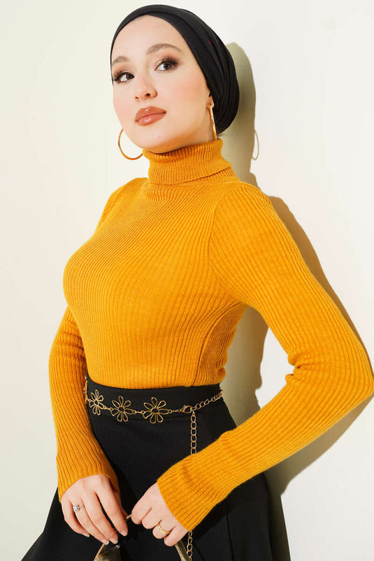 Ribbed Turtleneck Knit Sweater Mustard