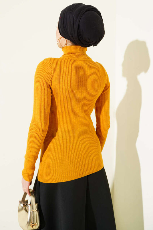 Ribbed Turtleneck Knit Sweater Mustard