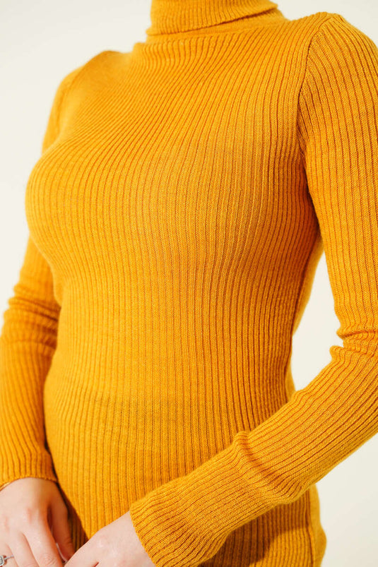 Ribbed Turtleneck Knit Sweater Mustard