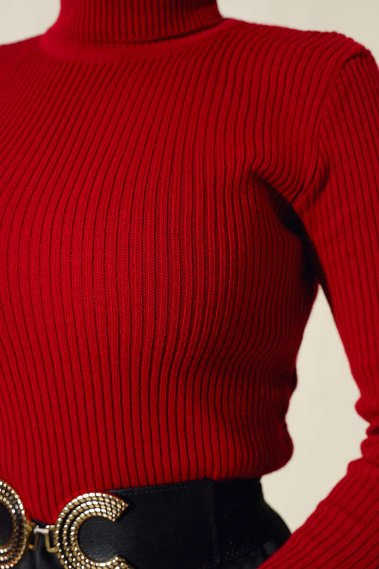 Fitilli Balıkçı Yaka Triko Kazak Kırmızı