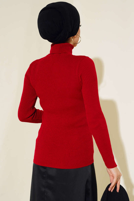 Ribbed Turtleneck Knit Sweater, Red