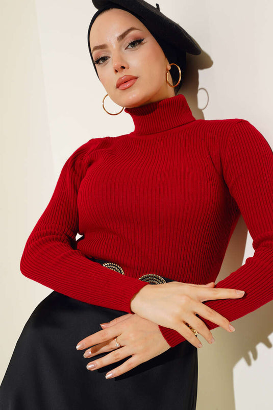 Ribbed Turtleneck Knit Sweater, Red