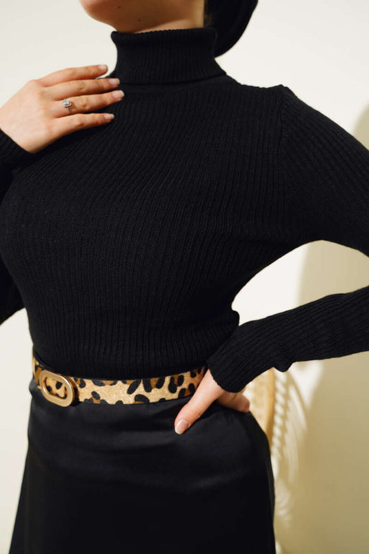 Fitilli Balıkçı Yaka Triko Kazak Siyah