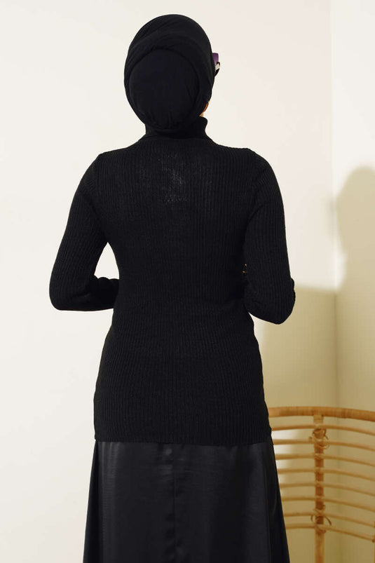 Ribbed Turtleneck Knit Sweater, Black