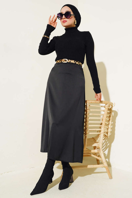 Ribbed Turtleneck Knit Sweater, Black