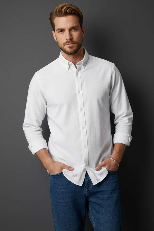 Fitilli Basic Erkek Gömlek Beyaz