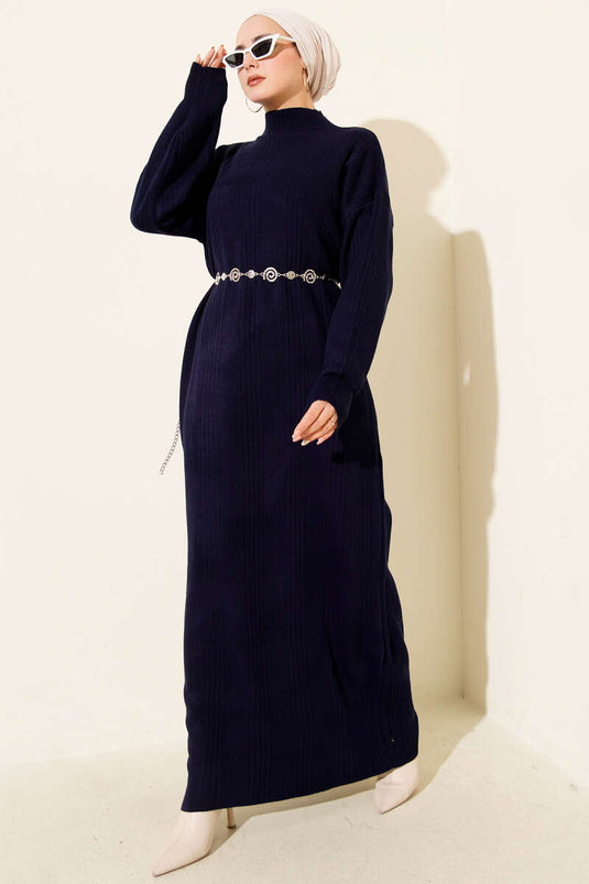 Fitilli Basic Triko Elbise Lacivert