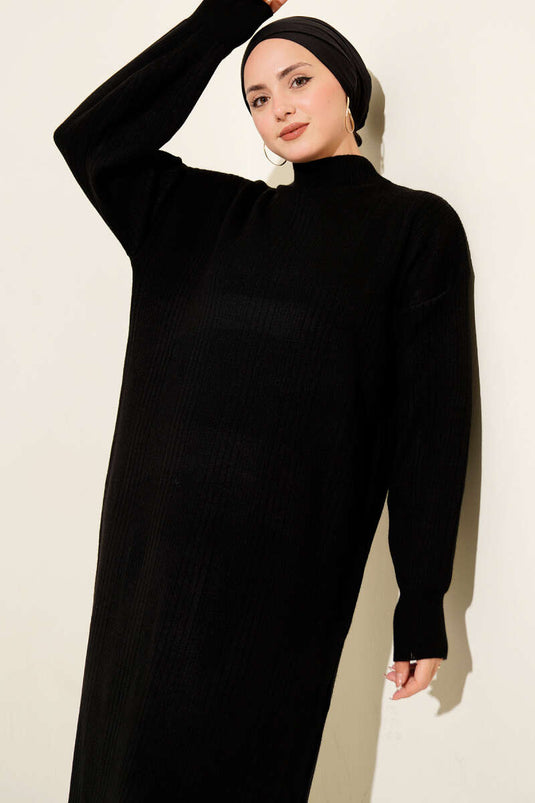 Fitilli Basic Triko Elbise Siyah