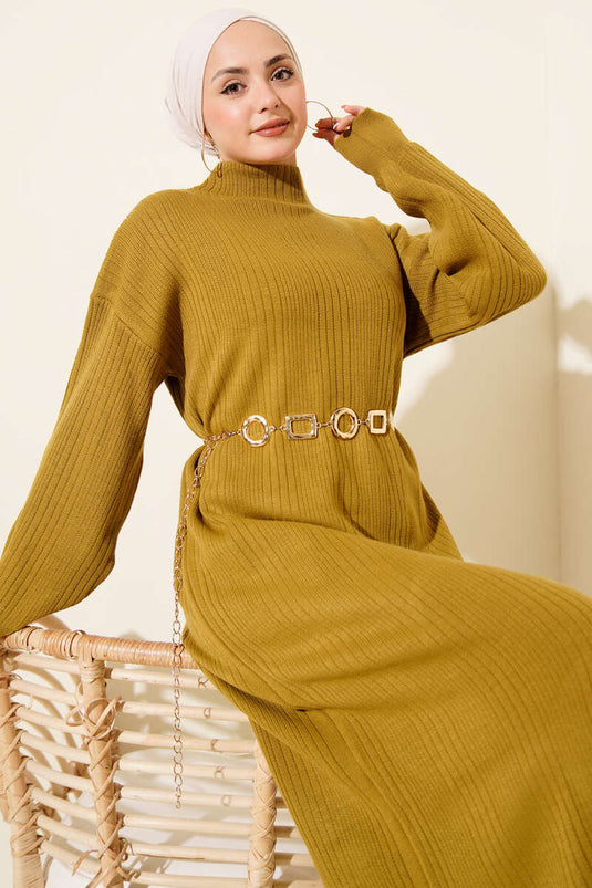 Fitilli Basic Triko Elbise Yağ Yeşili