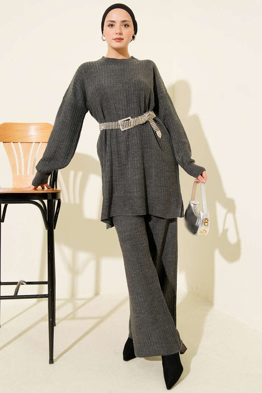 Basic Ribbed Knitwear Two Piece Set in Smoke