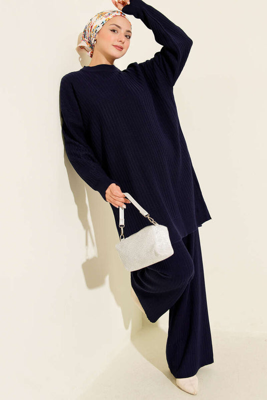 Basic Ribbed Knitwear Two Piece Suit Navy Blue