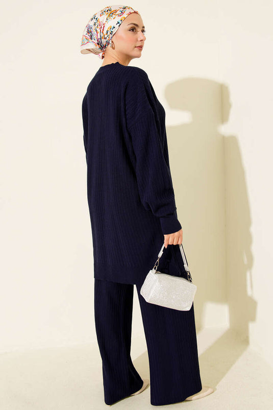 Basic Ribbed Knitwear Two Piece Suit Navy Blue